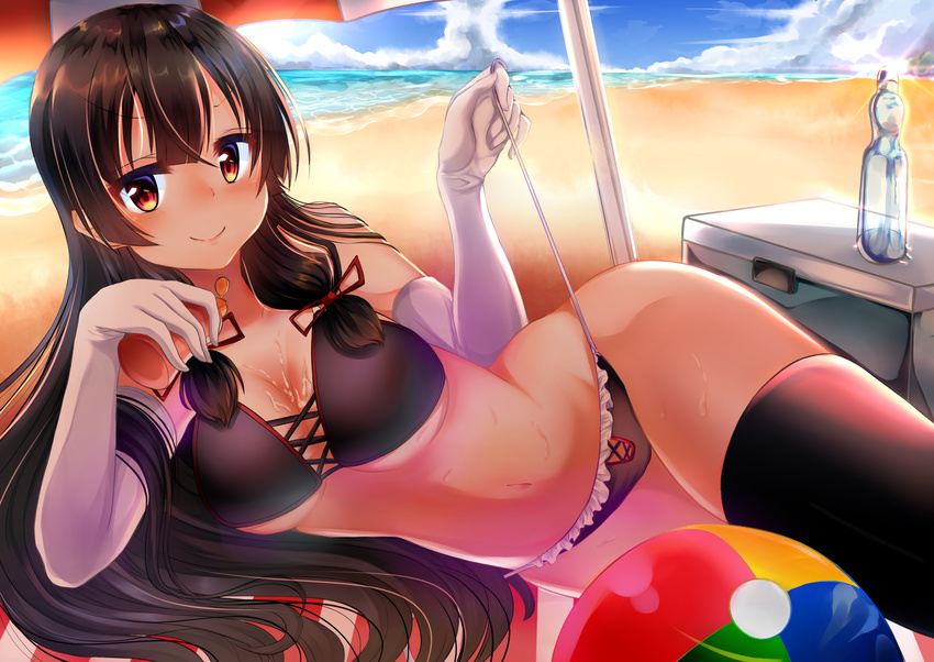 absurdres ball beach beach_umbrella beachball bikini black_bikini black_hair black_legwear bottle breasts day elbow_gloves gloves hair_ribbon highres hiragi_ringo isokaze_(kantai_collection) kantai_collection long_hair lotion lying medium_breasts on_side ramune red_eyes ribbon single_thighhigh sitting smile solo sunscreen swimsuit thighhighs tress_ribbon umbrella untying white_gloves