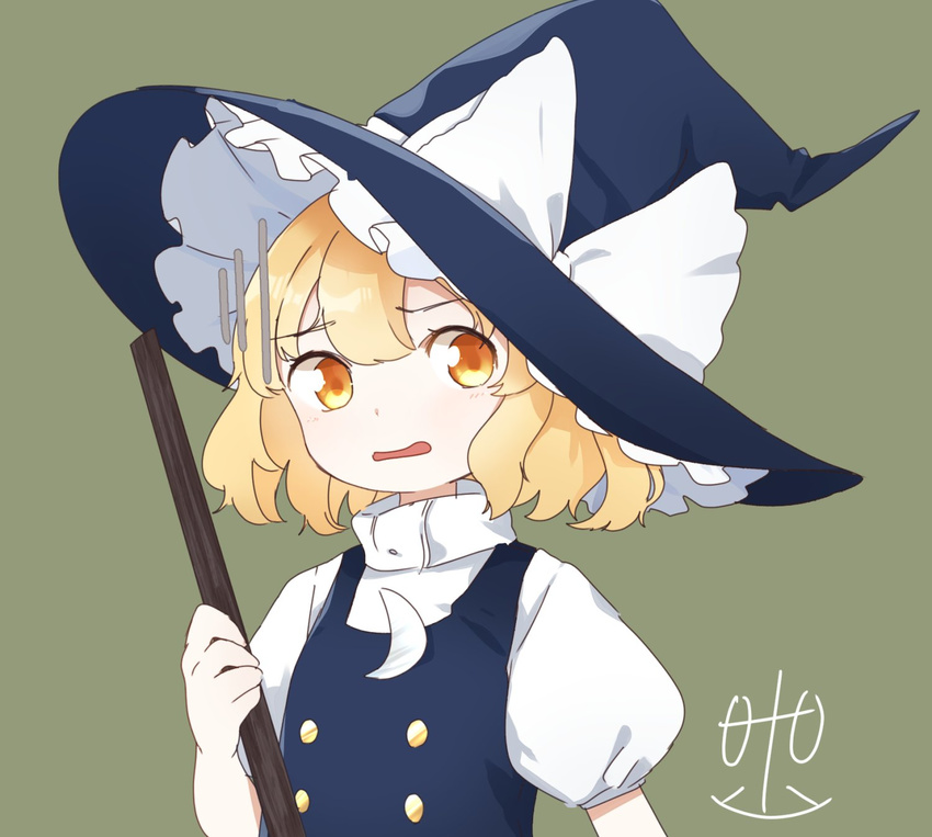 abukawa_honpo blonde_hair broom crescent crescent_moon_pin d: hat highres kirisame_marisa legacy_of_lunatic_kingdom looking_at_viewer open_mouth puffy_short_sleeves puffy_sleeves short_hair short_sleeves signature solo touhou witch_hat yellow_eyes