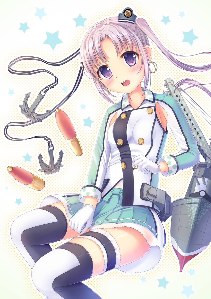 akitsushima_(kantai_collection) anchor blush breasts earrings eyebrows_visible_through_hair gloves green_skirt highres jewelry kantai_collection large_breasts long_hair looking_at_viewer miniskirt open_mouth purple_eyes purple_hair skirt smile solo thighhighs umitonakai white_gloves
