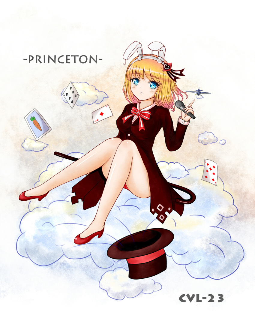 aircraft airplane animal_ears ass bangs bare_legs blonde_hair blue_eyes bow bowtie brown_coat bunny_ears burning_(wjxwjx81) buttons card character_name cloud coat eyebrows_visible_through_hair fake_animal_ears hair_ornament hair_ribbon hairband hand_up hat high_heels highres holding holding_microphone index_finger_raised knees_together_feet_apart leg_up looking_away microphone open_mouth princeton_(zhan_jian_shao_nyu) red_footwear ribbon shirt shoes short_hair simple_background sitting solo staff striped striped_bow striped_neckwear thighs top_hat white_shirt zhan_jian_shao_nyu