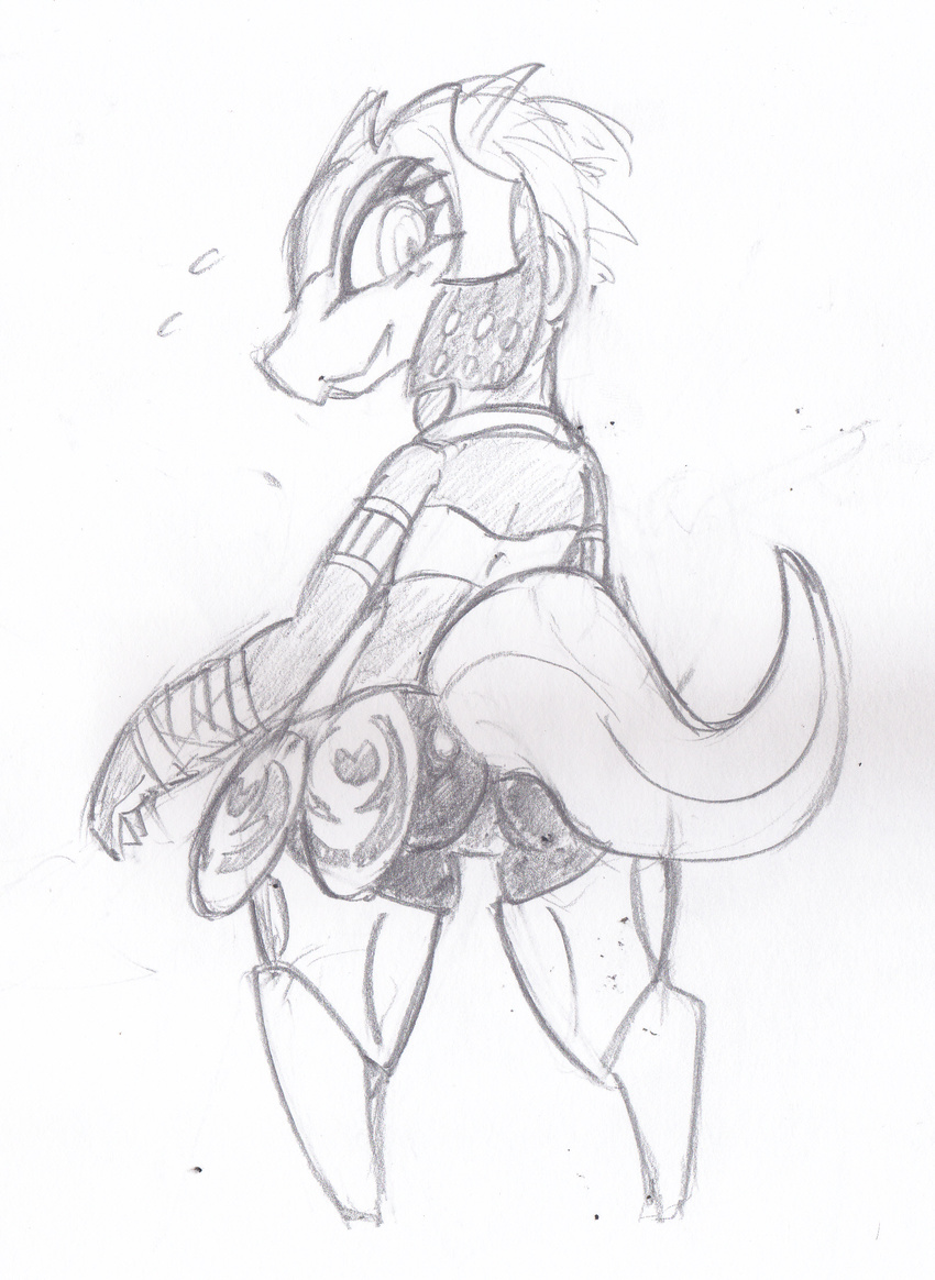 armor blush ever_oasis female looking_back miura monochrome nintendo solo thick_thighs traditional_media_(artwork) video_games vono
