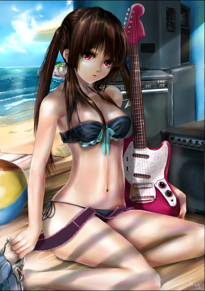 amplifier bad_id bad_pixiv_id bag ball beach beachball bikini brown_hair day guitar highres instrument k-on! kneeling long_hair nakano_azusa red_eyes rx? sitting solo speaker swimsuit twintails yokozuwari