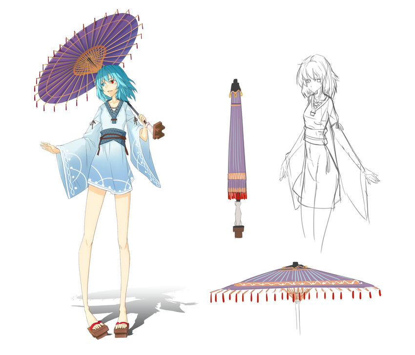 alternate_costume bad_id bad_pixiv_id blue_eyes blue_hair character_sheet geta heterochromia highres japanese_clothes kimono legs ni_piao_xiancai oriental_umbrella purple_umbrella red_eyes short_hair short_kimono tatara_kogasa touhou umbrella