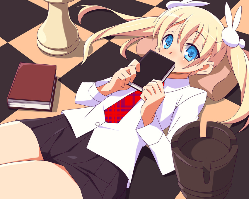 9law blonde_hair blue_eyes board_game book checkered checkered_floor chess copyright_request necktie solo twintails