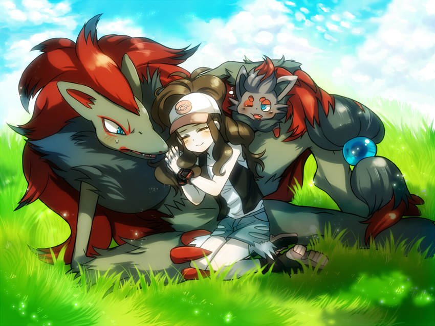 bad_id bad_pixiv_id baseball_cap blush boots brown_hair closed_eyes crow00 day denim denim_shorts gen_5_pokemon grass hat lying on_side outdoors pokemon pokemon_(creature) pokemon_(game) pokemon_bw ponytail shorts sky sleeping smile tank_top touko_(pokemon) vest zoroark zorua