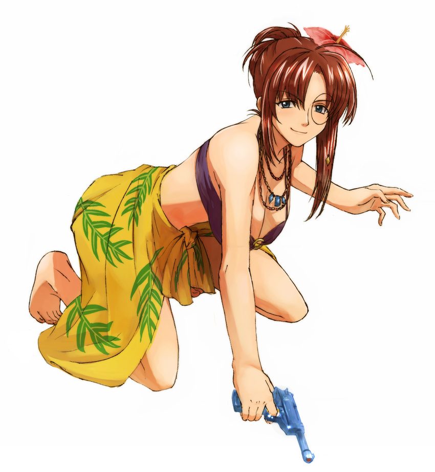 all_fours bad_id bad_pixiv_id bandeau barefoot bikini blue_eyes breasts cleavage flower forte_stollen galaxy_angel gun hair_flower hair_ornament handgun hibiscus highres jewelry kneeling large_breasts monocle necklace nyama o-ring o-ring_top pistol ponytail print_sarong red_hair sarong short_hair simple_background smile solo swimsuit walther walther_p38 water_gun weapon white_background yellow_sarong