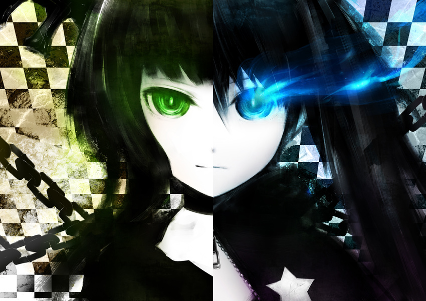 black_hair black_rock_shooter black_rock_shooter_(character) blue_eyes burning_eye dead_master fusion fuyuno_yuuki glowing glowing_eyes green_eyes highres light_smile solo split_screen split_theme star