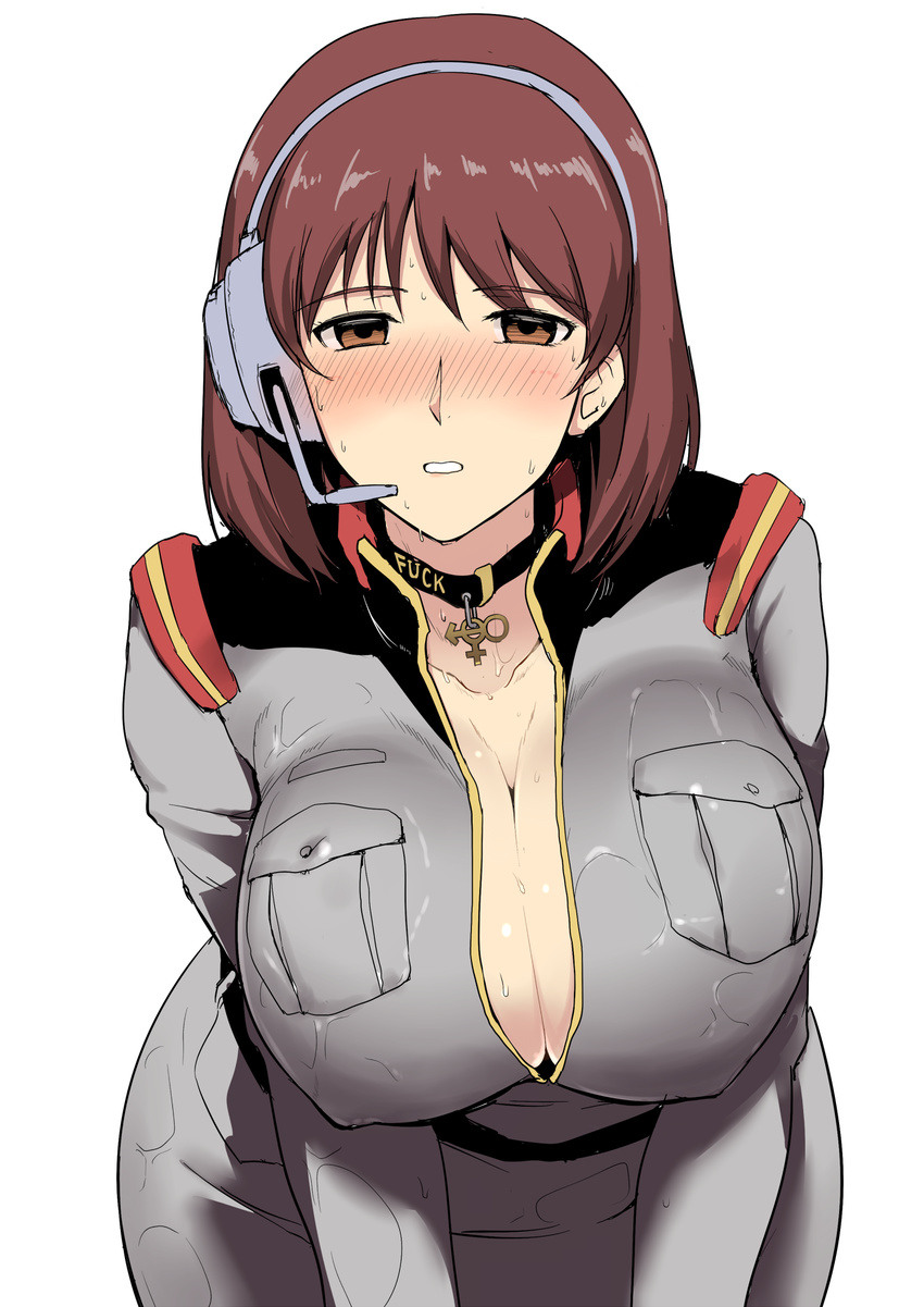 belt blush breasts brown_eyes brown_hair collar covered_nipples gundam gundam_lost_war_chronicles harukon_(halcon) headset highres huge_breasts leaning_forward looking_at_viewer military military_uniform noel_anderson parted_lips shiny shiny_skin short_hair simple_background solo sweat teeth uniform white_background