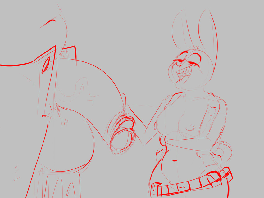 anthro balls big_balls big_penis breasts duo faceless_male female half-erect humanoid_penis komponi lagomorph looking_at_penis male male/female mammal nipples open_mouth penis rabbit red_theme sketch smile tongue tongue_out unzipped