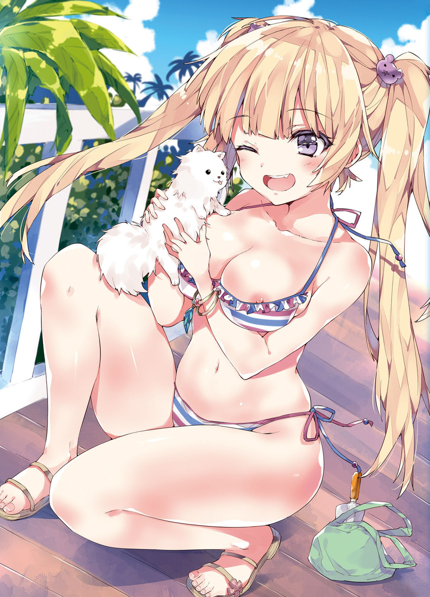 ;d ahoge anapom animal bangs bare_arms bare_legs bare_shoulders bear_hair_ornament bikini blonde_hair blue_sky blunt_bangs blush bracelet breasts cleavage cloud cloudy_sky collarbone cropped day dengeki_moeou dog eyebrows_visible_through_hair fang fingernails frilled_bikini_top frills hair_ornament hairclip highres holding holding_animal jewelry large_breasts leaf long_hair nail_polish navel nipple_slip nipples non-web_source one_eye_closed open_mouth original outdoors pink_nails purple_eyes sandals scan side-tie_bikini sky smile solo squatting stomach striped striped_bikini swimsuit toenail_polish tree twintails