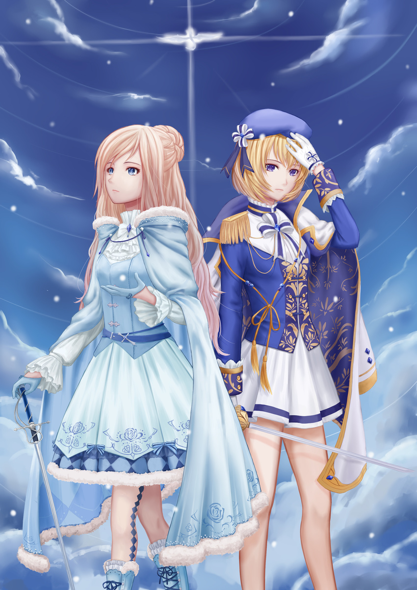 absurdres blonde_hair blue_eyes blue_footwear blue_gloves blue_hat boots character_request commentary_request epaulettes gloves hat highres holding holding_sword holding_weapon knee_boots long_hair long_sleeves looking_at_viewer looking_away miracle_nikki multiple_girls short_hair sword weapon white_gloves xing_muhen
