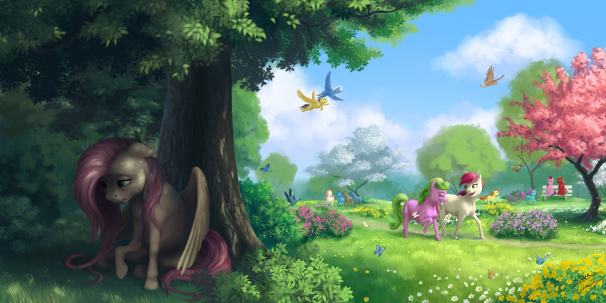 blue_eyes bluespaceling day detailed_background equine feathers fluttershy_(mlp) friendship_is_magic fur grass green_hair group hair hooves mammal my_little_pony outside pegasus pink_fur pink_hair rose_(mlp) sky tagme tree wings yellow_feathers