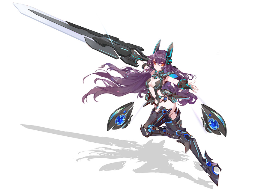 breasts cleavage elaine_(iron_saga) eyebrows_visible_through_hair full_body highres holding holding_weapon iron_saga large_breasts long_hair looking_at_viewer mecha_musume purple_hair red_eyes solo weapon zjsstc