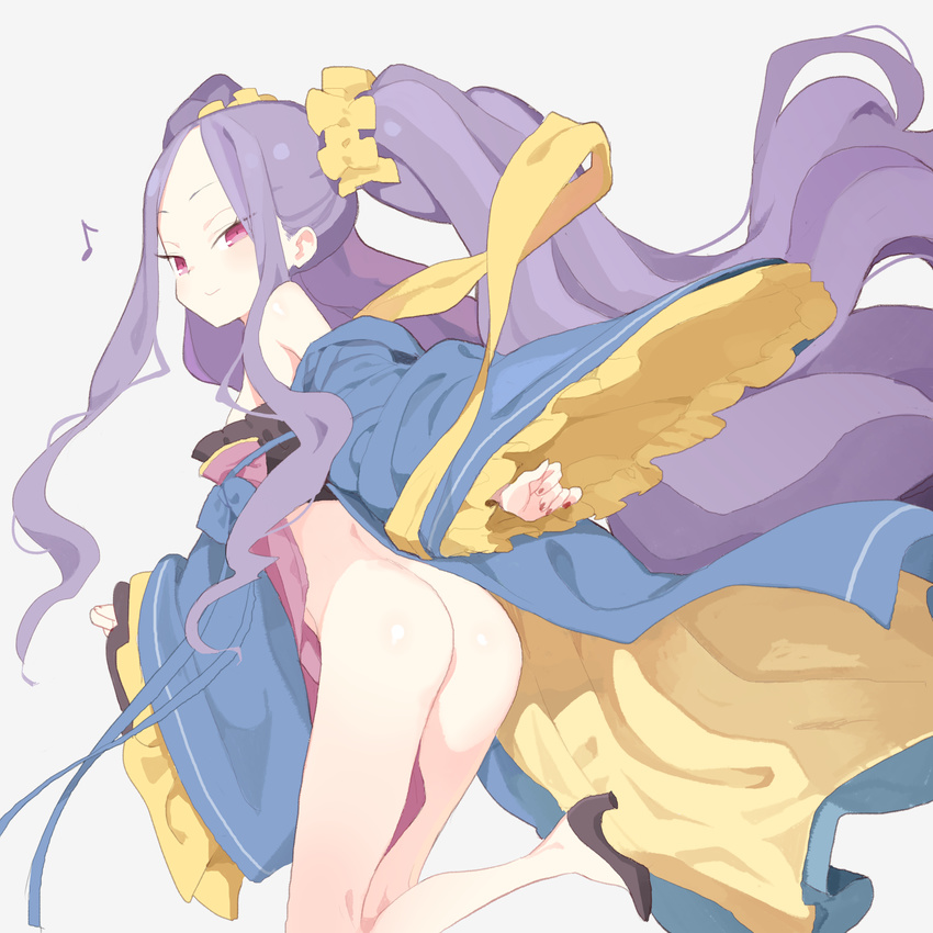 absurdres apron ass bandeau bottomless bow chinese_clothes doremi fate/grand_order fate_(series) hanfu high_heels highres kneepits leg_lift legs long_hair long_sleeves naughty_face off_shoulder open_clothes purple_eyes purple_hair running sash shawl shoes smile solo standing standing_on_one_leg twintails very_long_hair wide_sleeves wu_zetian_(fate/grand_order)
