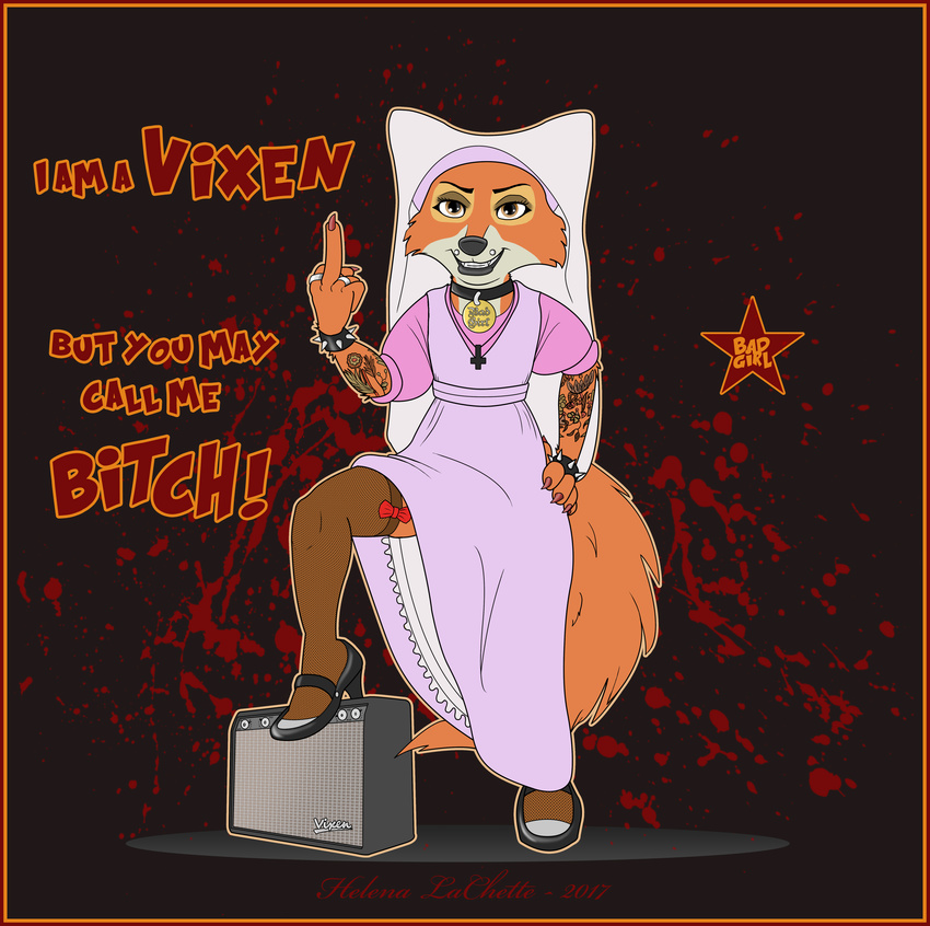 anthro canine clothing disney dress female fox hyenatig_(artist) maid_marian mammal middle_finger robin_hood_(disney) tattoo