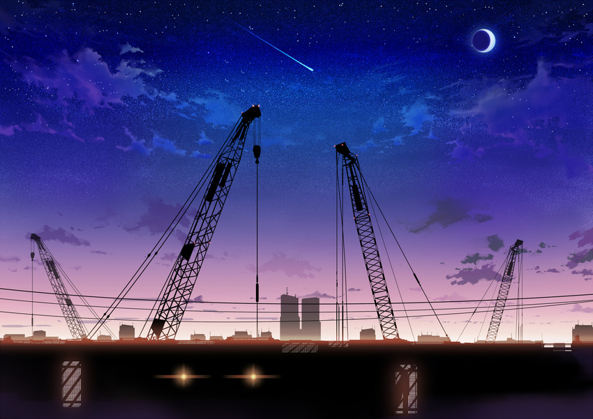 crane highres inzanaki moon no_humans original scenery shooting_star sky star_(sky)