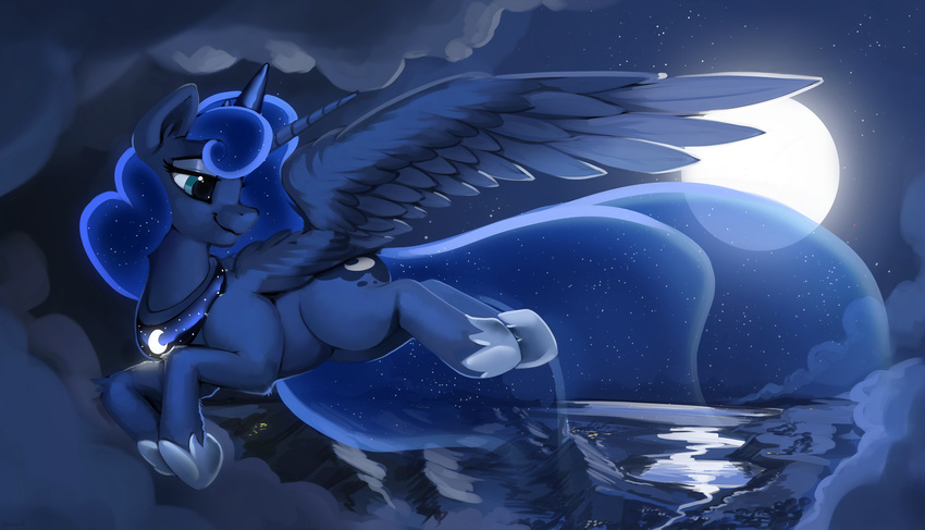 absurd_res blue_eyes blue_feathers cosmic_hair cutie_amrk dimfann equine feathered_wings feathers female feral friendship_is_magic hi_res hooves horn mammal moon my_little_pony night outside princess_luna_(mlp) sky smile solo star starry_sky winged_unicorn wings