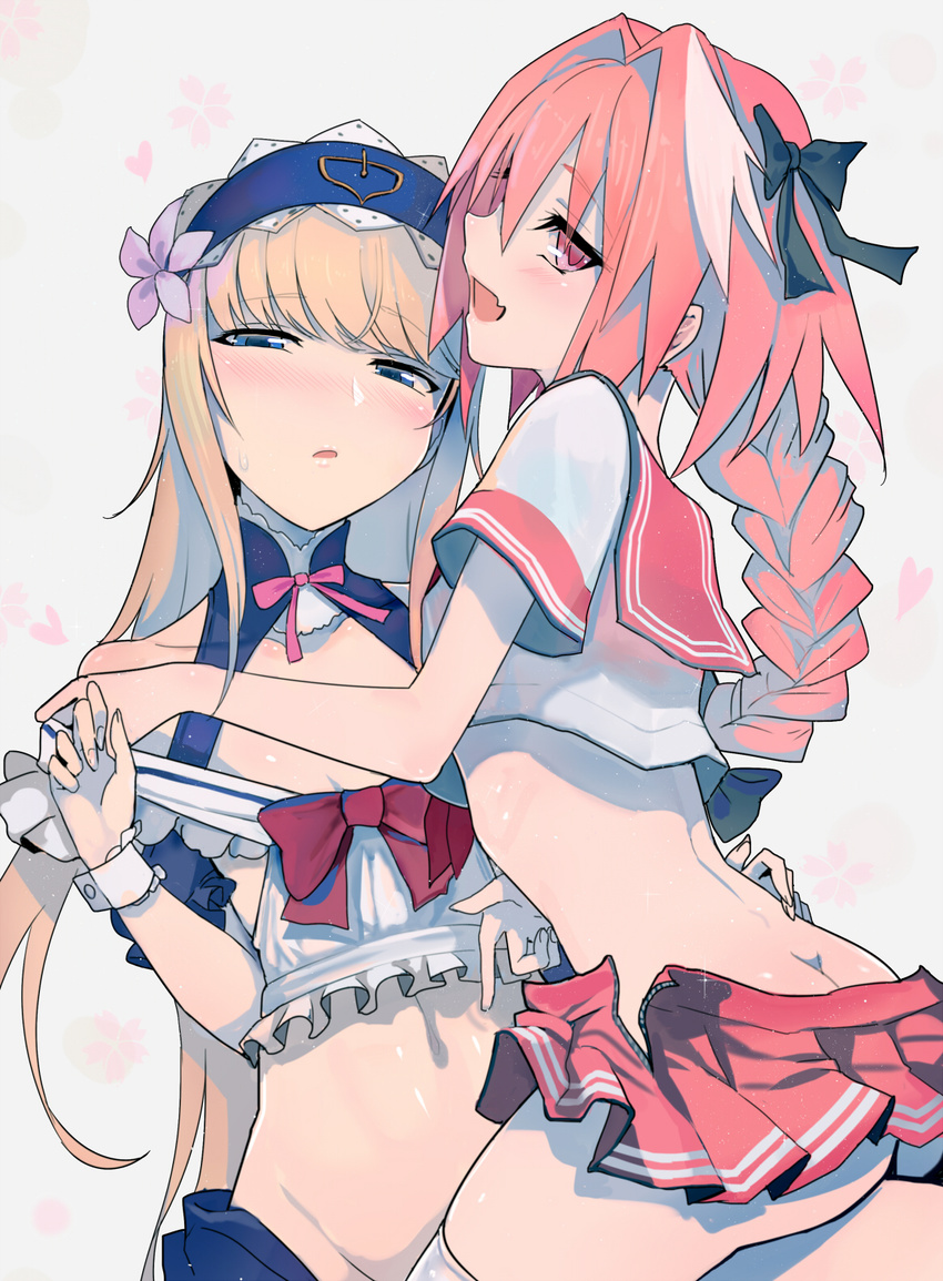 1other androgynous ass astolfo_(fate) blonde_hair blue_eyes blush bow braid chevalier_d'eon_(fate/grand_order) commentary_request cropped_shirt eyebrows_visible_through_hair fang fate/apocrypha fate/grand_order fate_(series) flower hair_between_eyes hair_bow hair_flower hair_ornament hairband hand_on_another's_chin heart highres holding_hands long_hair looking_at_viewer navel no_panties open_mouth otoko_no_ko pink_eyes pink_hair pleated_skirt red_sailor_collar red_skirt revision sailor_collar school_uniform serafuku skirt skirt_removed smile straddling thighhighs walzrj white_background