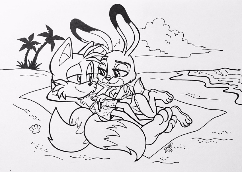 beach bikini breasts canine chibi-jen-hen cleavage clothed clothing couple_(disambiguation) disney duo female fox judy_hopps lagomorph male mammal miles_prower rabbit seaside shorts sonic_(series) swimsuit zootopia