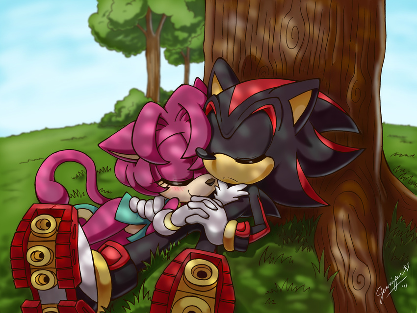 blush bottomless cat chibi-jen-hen clothed clothing cuddling cute feline female footwear hand_holding hedgehog jade_the_cat male male/female mammal romantic_couple shadow_the_hedgehog shirt shoes sleeping sonic_(series) wide_hips