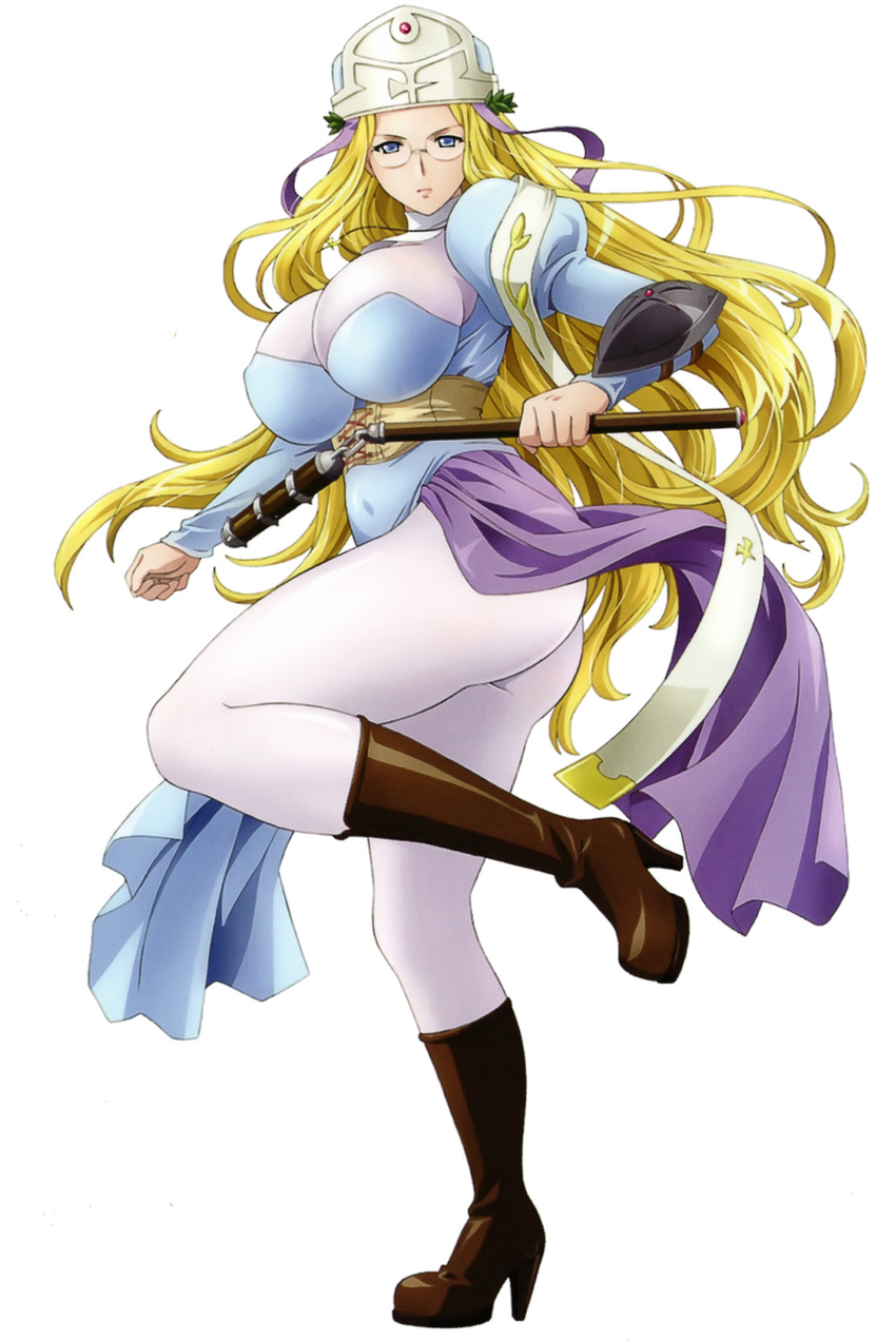 00s 1girl blonde_hair blue_eyes bodysuit breasts full_body glasses highres huge_breasts long_hair melpha official_art queen's_blade solo very_long_hair weapon zundarepon