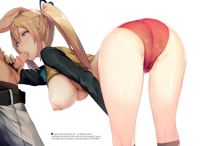 1girl absurdres ass bangs bent_over blonde_hair blouse breasts buruma engrish erection fellatio from_side hand_on_another's_head hanging_breasts hetero hews_hack highres huge_breasts kawakami_mai legs_apart long_hair male_pubic_hair mole mole_on_thigh mole_under_eye musaigen_no_phantom_world nipples no_bra open_mouth oral paid_reward patreon_reward penis pubic_hair purple_eyes pussy_juice ranguage shirt_lift side_ponytail simple_background solo_focus standing testicles white_background