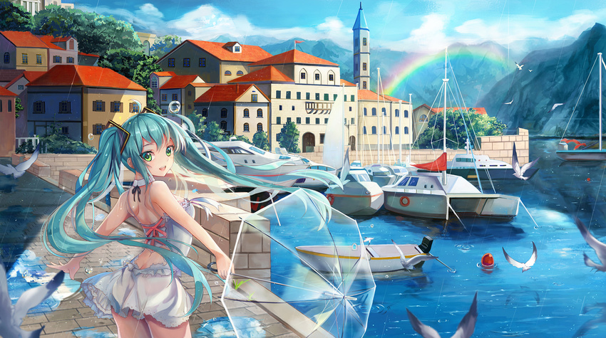 ahoge aqua_hair back backless_dress backless_outfit bangs bird boat brick_wall building buoy butt_crack day detached_collar dock dress floating_hair from_behind green_eyes hair_ornament hatsune_miku highres holding holding_umbrella l.bou long_hair looking_at_viewer looking_back montenegro mountain open_mouth outdoors outstretched_arms pennant puddle rain rainbow real_world_location revision ripples sailboat seagull short_dress shoulder_blades sleeveless sleeveless_dress smile solo spaghetti_strap spire tower town transparent transparent_umbrella twintails umbrella very_long_hair vocaloid water watercraft white_dress yacht