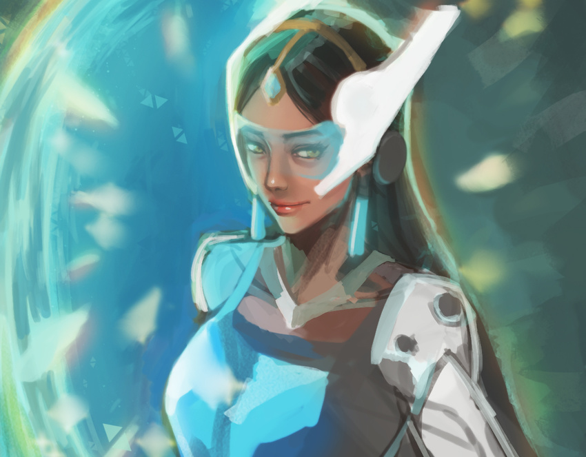 asboothig bad_id bad_pixiv_id black_hair blue_background blue_dress breasts brown_eyes dark_skin dress earrings forehead_jewel green_background headgear jewelry light_smile lips long_hair looking_at_viewer mechanical_arm medium_breasts nose overwatch red_lips sketch solo symmetra_(overwatch) upper_body visor