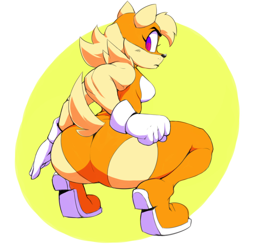 angry anthro big_butt blush boots breasts butt canine clothing crouching dog female footwear fur gloves hi_res legwear leotard looking_back mammal mask purple_eyes rear_view shoulder_tuft solo super_planet_dolan superhero superhero_dog_(vimhomeless) tan_fur thick_thighs thigh_high_boots vimhomeless