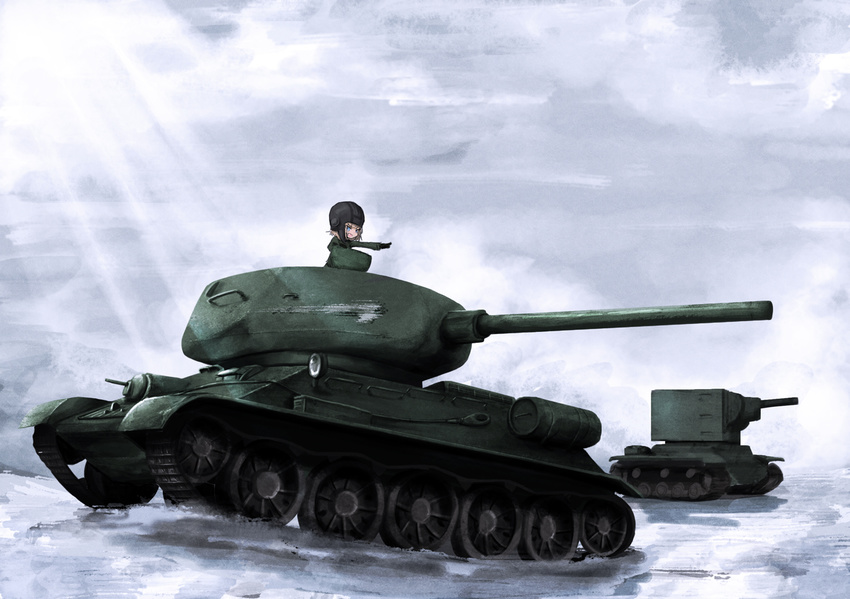 caterpillar_tracks day girls_und_panzer ground_vehicle jinguu_(4839ms) katyusha kv-2 military military_vehicle motor_vehicle sky snow t-34-85 tank
