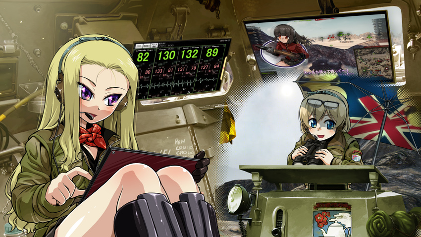alternate_hairstyle assam bangs binoculars black_footwear blonde_hair blue_eyes boots brown_jacket closed_mouth commentary_request cutout darjeeling emblem extra eyewear_on_head ferret_scout_car girls_und_panzer headset highres holding jacket knee_boots long_hair looking_at_viewer military military_uniform monitor multiple_girls open_mouth r-ex short_hair sitting smile st._gloriana's_(emblem) sunglasses tablet tank_interior tank_shell uniform union_jack world_of_tanks