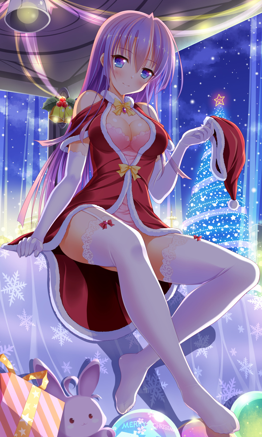 1girl bangs bashen_chenyue bell blue_eyes blush bow box breasts christmas christmas_ornaments christmas_tree cleavage closed_mouth cloud collarbone dress elbow_gloves eyebrows_visible_through_hair fur-trimmed_dress fur-trimmed_hat fur-trimmed_sleeves fur_trim garter_straps gift gift_box gloves hair_between_eyes hat hat_removed head_tilt headwear_removed heart highres holding holding_hat lace lace-trimmed_thighhighs long_hair medium_breasts merry_christmas night night_sky no_shoes original outdoors purple_hair red_bow red_dress red_hat santa_hat short_sleeves sky smile snowflake_print snowing solo star stuffed_animal stuffed_bunny stuffed_toy thighhighs very_long_hair white_gloves white_legwear yellow_bow