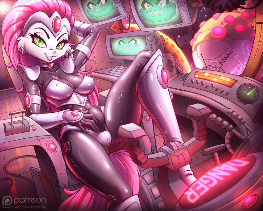 2017 anthro breasts bucky_o'hare_(series) cat clothed clothing feline fur green_eyes hair half-closed_eyes jenny_(bucky_o'hare) komplex lipstick looking_at_viewer makeup mammal pink_hair sallyhot smile teeth white_fur