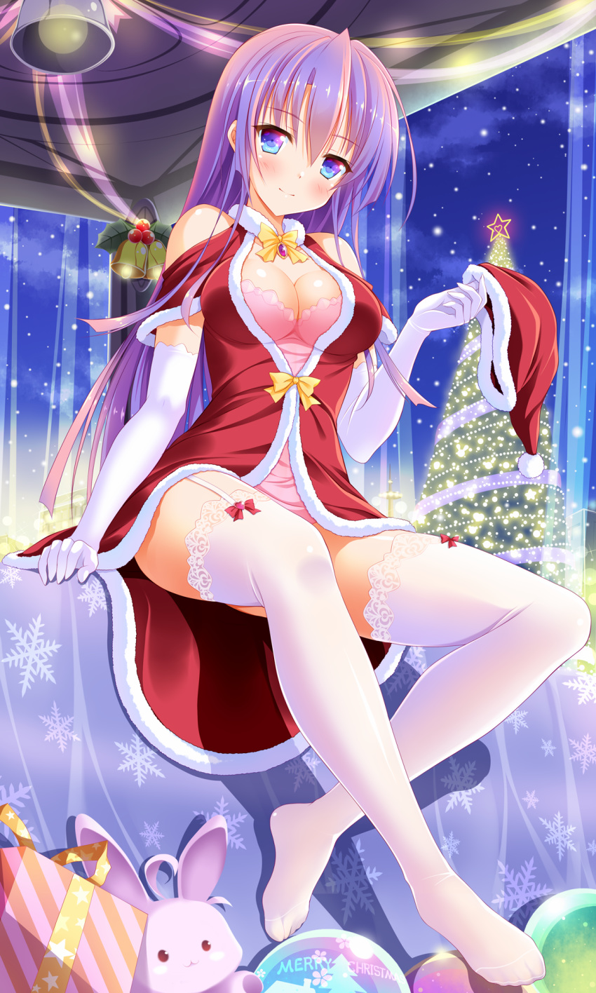 1girl bangs bashen_chenyue bell blue_eyes blush bow box breasts christmas christmas_ornaments christmas_tree cleavage closed_mouth cloud collarbone dress elbow_gloves eyebrows_visible_through_hair fur-trimmed_dress fur-trimmed_hat fur-trimmed_sleeves fur_trim garter_straps gift gift_box gloves hair_between_eyes hat hat_removed head_tilt headwear_removed heart highres holding holding_hat lace lace-trimmed_thighhighs long_hair medium_breasts merry_christmas night night_sky no_shoes original outdoors purple_hair red_bow red_dress red_hat santa_hat short_sleeves sky smile snowflake_print snowing solo star stuffed_animal stuffed_bunny stuffed_toy thighhighs very_long_hair white_gloves white_legwear yellow_bow