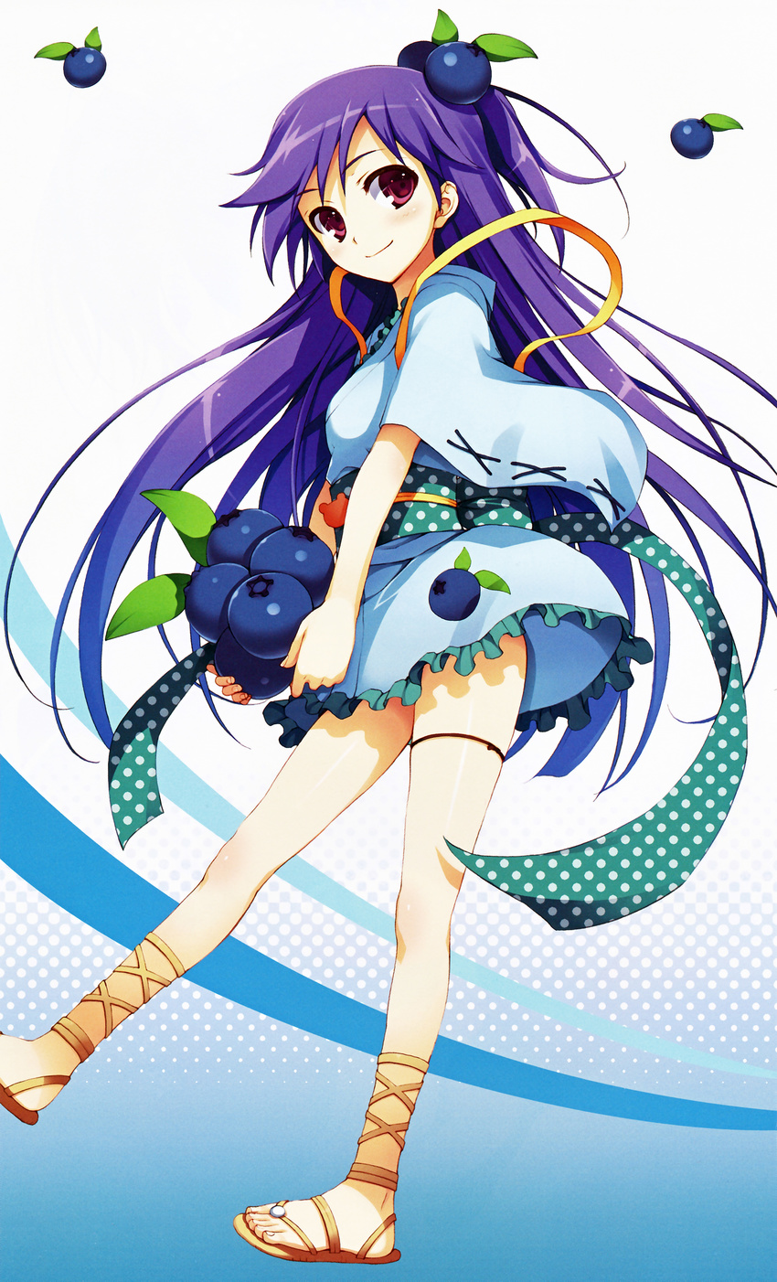 absurdres bangs basket eyebrows_visible_through_hair food frills fruit full_body hair_ornament highres japanese_clothes looking_at_viewer obi open_toe_shoes polka_dot purple_eyes purple_hair sandals sash scan shoes simple_background smile solo tomose_shunsaku wide_sleeves