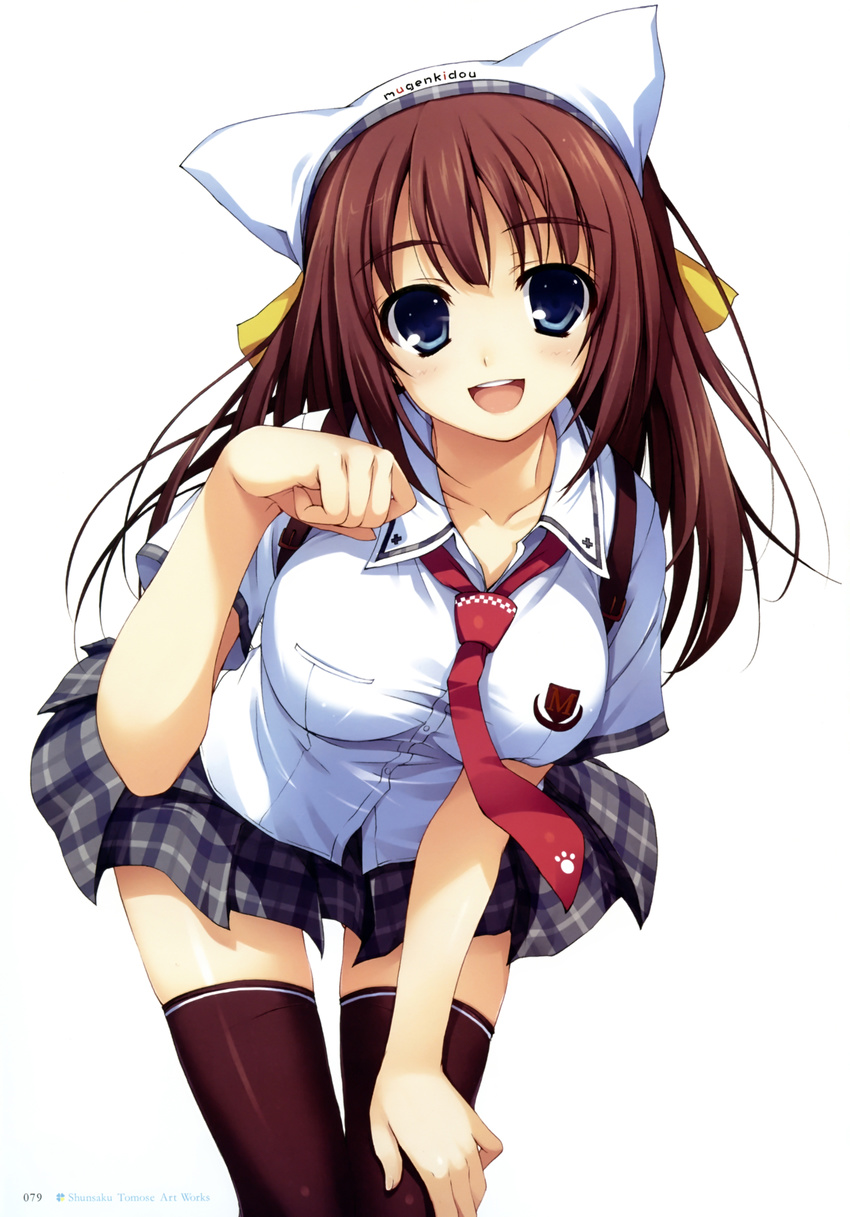 absurdres backpack bag bangs blue_eyes blush breasts brown_hair collarbone eyebrows_visible_through_hair hat highres leaning_forward long_hair looking_at_viewer medium_breasts necktie open_mouth original paw_pose paw_print pillow_hat plaid plaid_skirt scan school_uniform short_sleeves skirt smile solo thigh_gap thighhighs tomose_shunsaku zettai_ryouiki