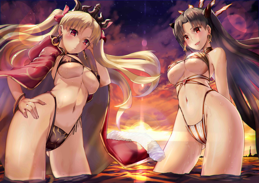 adjusting_hair arched_back arms_behind_back bangs bikini black_bikini blonde_hair blush bracelet breasts brown_hair cape cloak cloud cloudy_sky commentary_request crown diffraction_spikes dusk earrings ereshkigal_(fate/grand_order) fate/grand_order fate_(series) hair_ribbon hand_on_hip highleg highleg_bikini highres hips hood hooded_cloak ishtar_(fate/grand_order) jewelry large_breasts lens_flare long_hair looking_at_viewer looking_to_the_side multiple_girls navel open_mouth parted_bangs red_cape red_eyes ribbon satou_daiji sky smile star_(sky) starry_sky sunlight swimsuit thighs twintails underboob wading water white_bikini