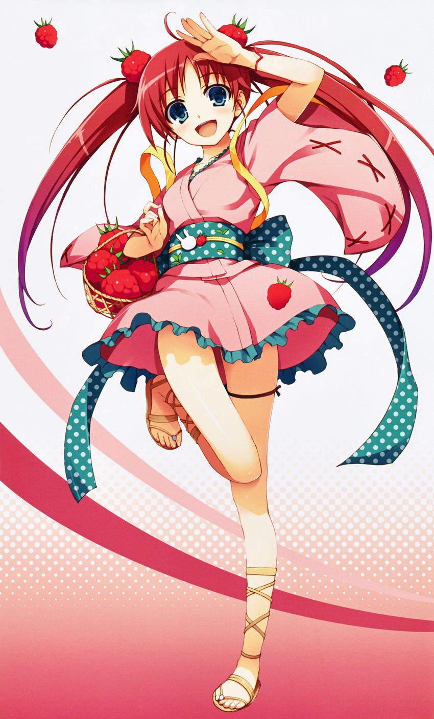 absurdres bangs basket blue_eyes blush eyebrows_visible_through_hair food frills fruit full_body hair_ornament highres japanese_clothes leg_up looking_at_viewer obi open_mouth open_toe_shoes pink_hair polka_dot sandals sash scan shoes simple_background smile solo tomose_shunsaku wide_sleeves