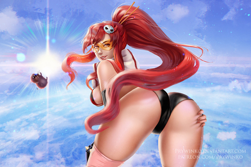 1girl animal artist_name ass ass_grab bent_over bikini black_bikini black_gloves boota breasts cleavage elbow_gloves flame_print gloves hair_ornament hairpin highres large_breasts lips long_hair looking_at_viewer nail_polish nose open_mouth pink_legwear ponytail prywinko realistic red_hair scarf skull_hair_ornament sky smile solo sunglasses swimsuit tengen_toppa_gurren_lagann thighhighs toned very_long_hair yellow_eyes yoko_littner