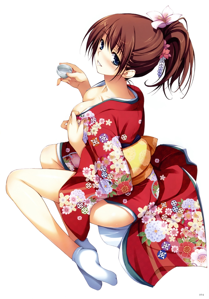 absurdres bangs blue_eyes blush breasts brown_hair cleavage collarbone cup eyebrows_visible_through_hair floral_print flower hair_flower hair_ornament highres holding huge_filesize incredibly_absurdres japanese_clothes kimono long_hair looking_at_viewer medium_breasts obi ponytail sakazuki sash scan sitting smile solo tabi tomose_shunsaku