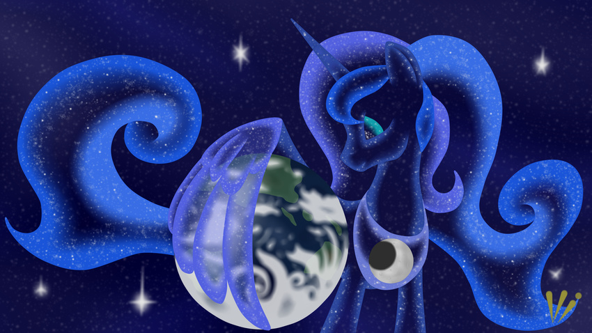 2016 blue_hair equine feathered_wings feathers female feral friendship_is_magic hair horn jewelry mammal my_little_pony necklace planet princess_luna_(mlp) solo space spread_wings star virenth winged_unicorn wings