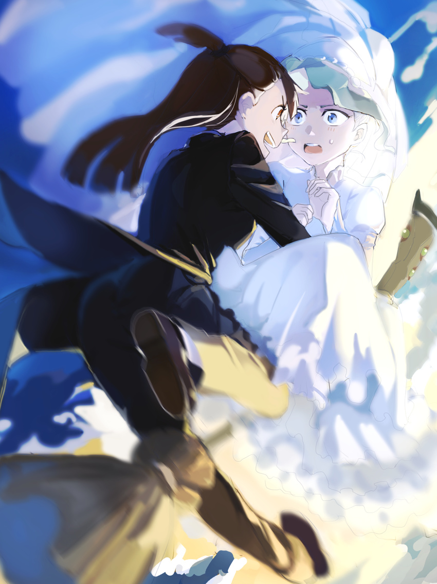 bad_id bad_pixiv_id blue_eyes broom brown_hair diana_cavendish dress henpei_saboten highres kagari_atsuko light_green_hair little_witch_academia long_hair looking_at_another multicolored_hair multiple_girls open_mouth red_eyes sky wedding wedding_dress wife_and_wife witch yuri