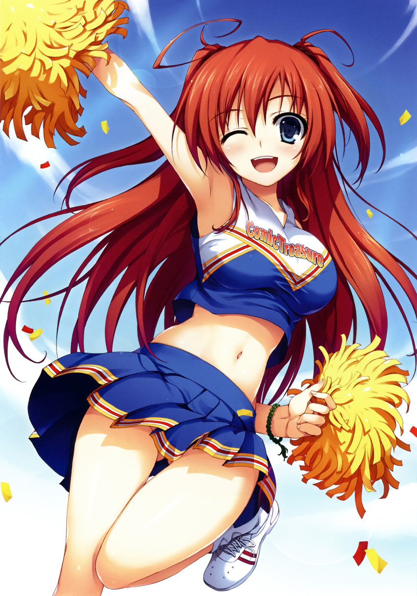 ;d absurdres armpits ass_visible_through_thighs blue_eyes blue_sky blush bracelet cheerleader crop_top crop_top_overhang day highres jewelry lens_flare long_hair midriff navel one_eye_closed open_mouth pleated_skirt pom_poms red_hair scan shiny shiny_skin shirt shoes skirt skirt_lift sky smile sneakers solo taut_clothes taut_shirt thigh_gap tomose_shunsaku wind wind_lift