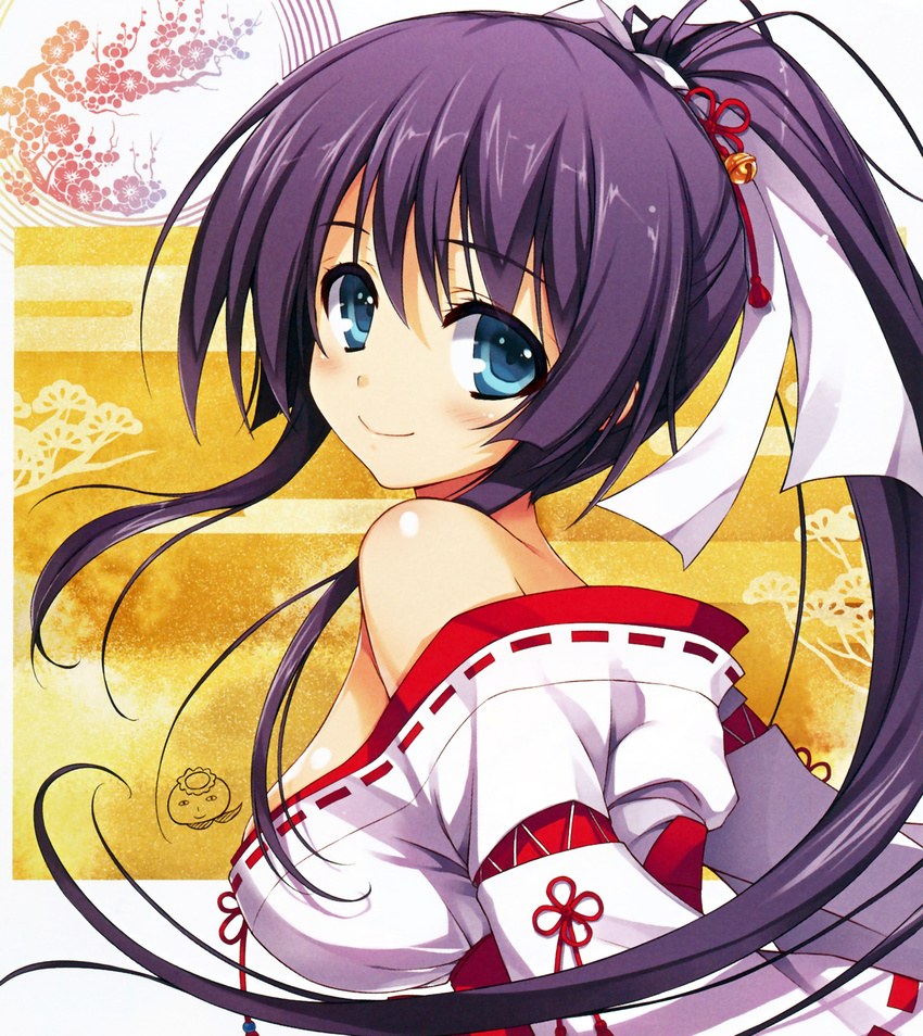 absurdres bangs bare_shoulders bell blue_eyes blush breasts eyebrows_visible_through_hair hair_ornament highres japanese_clothes looking_at_viewer medium_breasts miko purple_hair scan simple_background smile solo tomose_shunsaku upper_body