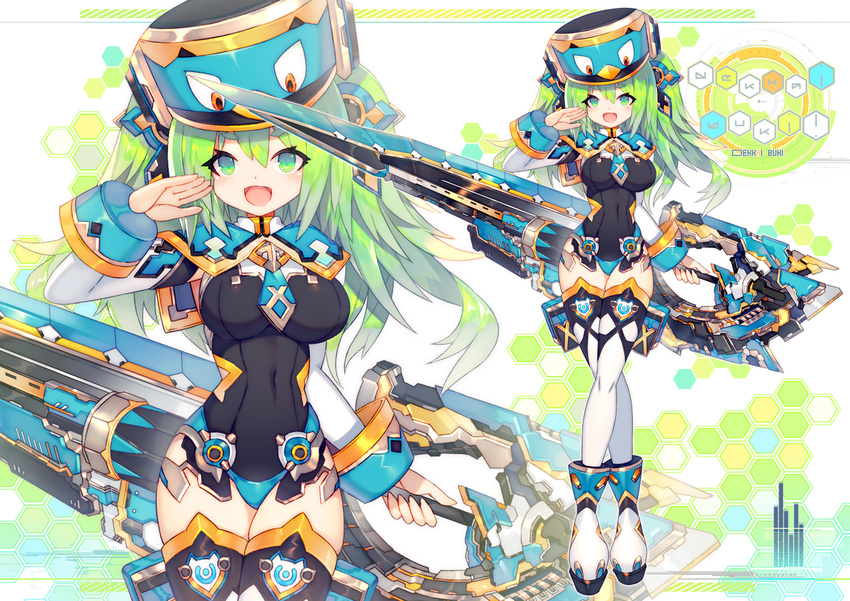 bangs black_leotard blush boots breasts capelet commentary_request covered_navel crossed_legs eyebrows_visible_through_hair full_body green_eyes green_hair hair_between_eyes hat hexagon holding holding_sword holding_weapon leotard long_hair looking_at_viewer making_of mamuru mecha_musume medium_breasts multiple_views open_mouth original smile sword thick_eyebrows thighhighs thighs two_side_up weapon white_footwear white_legwear zoom_layer