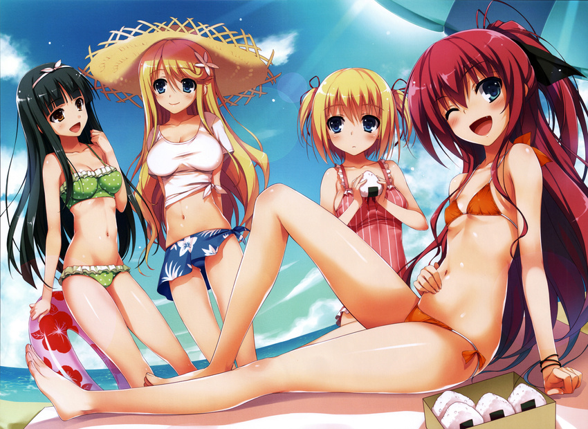 ;d absurdres arasaki_momoe arm_support barefoot beach belly bikini blonde_hair blue_eyes breasts brown_eyes casual_one-piece_swimsuit cleavage cloud day elise_(koakuma_teeri_to_kyuuseishu!?) flat_chest floral_print food frilled_bikini frills green_bikini green_hair hair_ribbon hand_on_own_stomach hat highres huge_filesize innertube koakuma_teeri_to_kyuuseishu!? legs liz_(koakuma_teeri_to_kyuuseishu!?) long_hair multiple_girls navel ocean official_art one-piece_swimsuit one_eye_closed onigiri open_mouth orange_bikini outdoors pink_bikini pinstripe_pattern polka_dot polka_dot_bikini polka_dot_swimsuit ponytail print_sarong red_eyes red_hair ribbon sarong scan shiny shiny_skin shirt short_hair side-tie_bikini sky smile straw_hat striped sun_hat swimsuit taut_clothes taut_shirt teeri_(koakuma_teeri_to_kyuuseishu!?) thigh_gap tied_shirt tomose_shunsaku twintails water