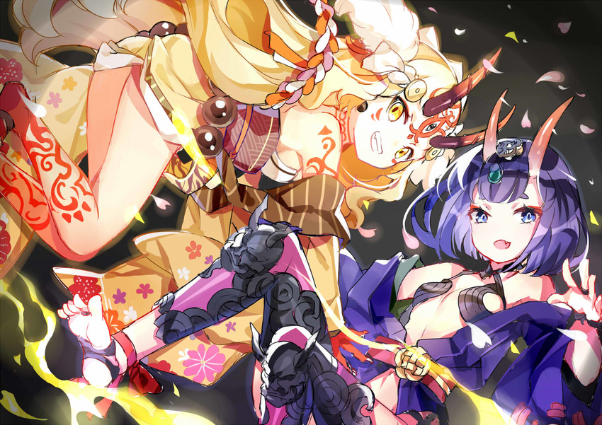 bangs blonde_hair blue_eyes breasts commentary fang fate/grand_order fate_(series) floating_hair floral_print grin hand_up headpiece horns ibaraki_douji_(fate/grand_order) japanese_clothes kimono leg_tattoo long_hair looking_at_viewer mana_(418208360) multiple_girls oni oni_horns open_mouth petals purple_hair purple_kimono revealing_clothes shuten_douji_(fate/grand_order) small_breasts smile soles tattoo thick_eyebrows toes yellow_eyes yellow_kimono