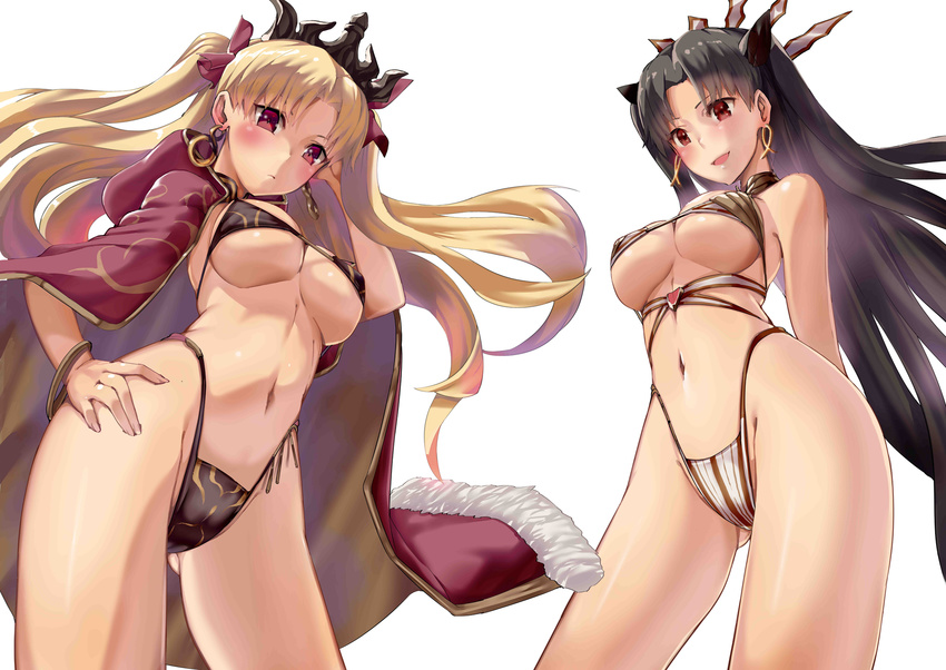 adjusting_hair arched_back arms_behind_back bangs bikini black_bikini blonde_hair blush bracelet breasts brown_hair cape cloak commentary_request crown earrings ereshkigal_(fate/grand_order) fate/grand_order fate_(series) hair_ribbon hand_on_hip highleg highleg_bikini highres hips hood hooded_cloak ishtar_(fate/grand_order) jewelry large_breasts long_hair looking_at_viewer looking_to_the_side multiple_girls navel open_mouth parted_bangs red_cape red_eyes ribbon satou_daiji simple_background smile swimsuit thighs twintails underboob white_background white_bikini