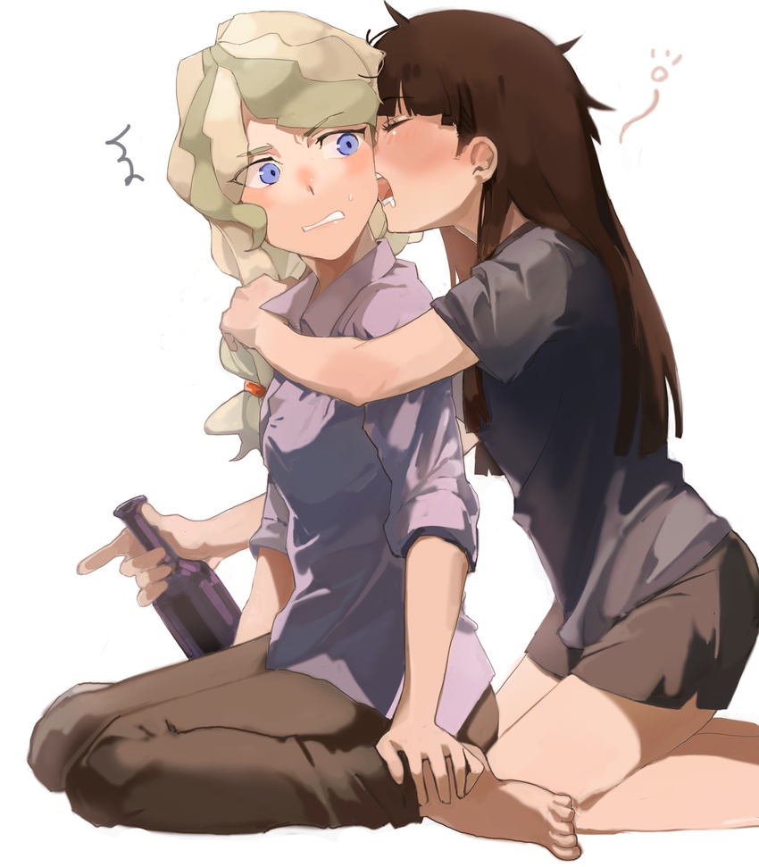 bad_id bad_pixiv_id barefoot blue_eyes blush diana_cavendish drunk ear_licking henpei_saboten highres kagari_atsuko licking little_witch_academia long_hair looking_at_another messy_hair multicolored_hair multiple_girls open_mouth simple_background white_background yuri