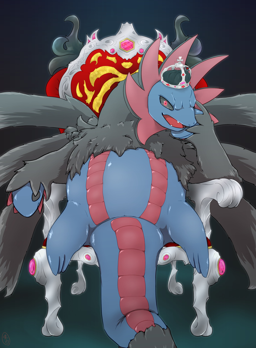 2016 alternate_version_available chair crown feral hi_res hydreigon looking_at_viewer nintendo pok&eacute;mon red_eyes simple_background solo throne vcrow_shuu video_games
